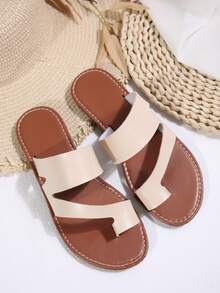 New Arrival Plus Size Women Comfy Simple Round Toe Hollow Out Flat Slide Sandals, Casual Fashionable Outdoor/Beach Wear Summer Shoes - Beige - View 5