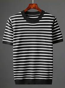 Maglietta girocollo a maniche corte a righe orizzontali in bianco e nero, in maglia, comoda e di stile, adatta per uso quotidiano e casual