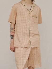 Conjunto de pijama para hombres de manga corta con cuello de solapa e shorts con estampado a cuadros, ligero y delgado, cómodo y casual para el verano
