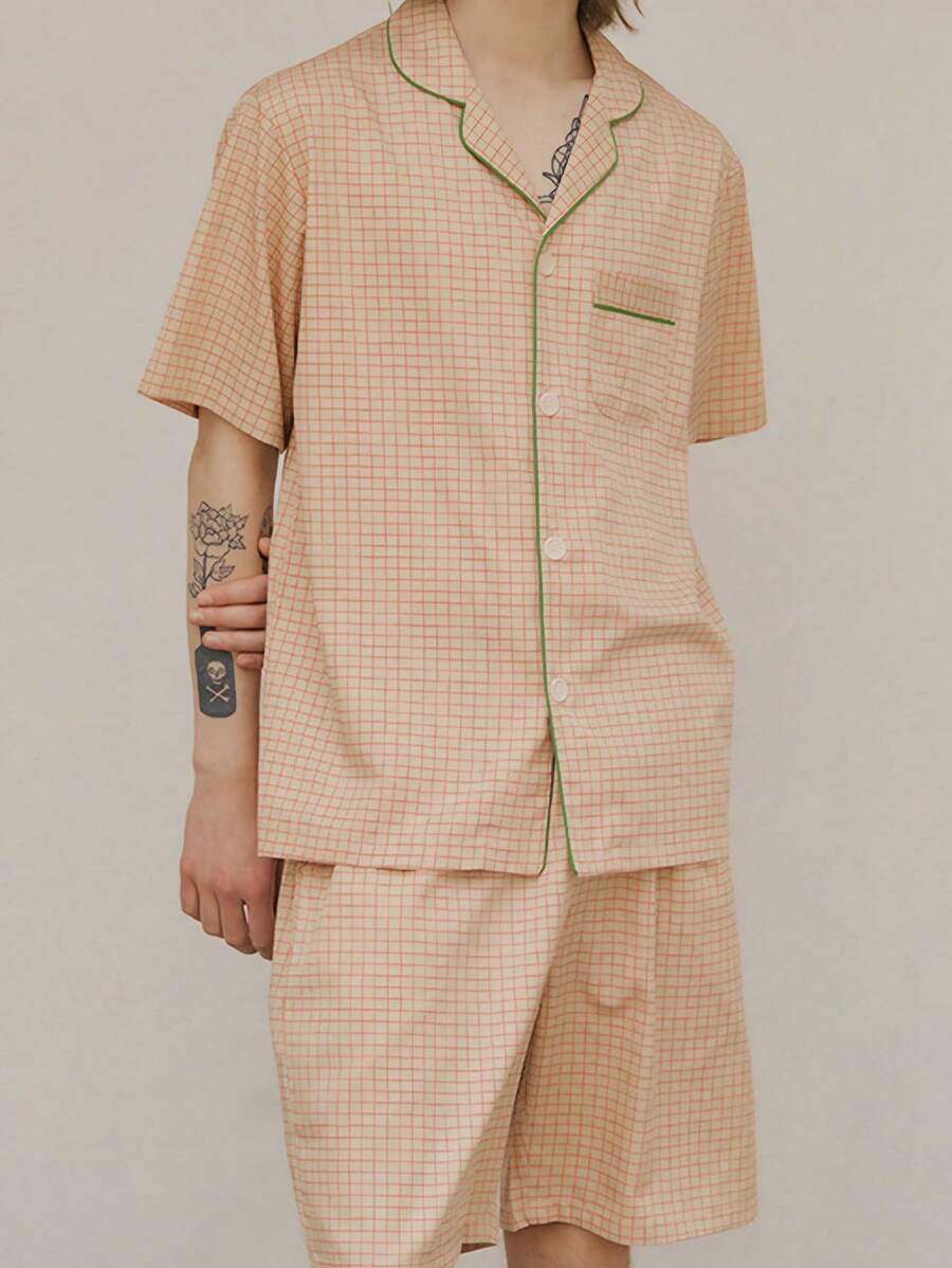 Conjunto de pijama para hombres de manga corta con cuello de solapa e shorts con estampado a cuadros, ligero y delgado, cómodo y casual para el verano