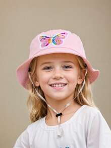 1pc Girls Sparkle Butterfly Rainbow Bucket Hat, Adjustable Kids Summer Sun Hat With Wind Rope, Spring/Summer - Pink Bow - View 3