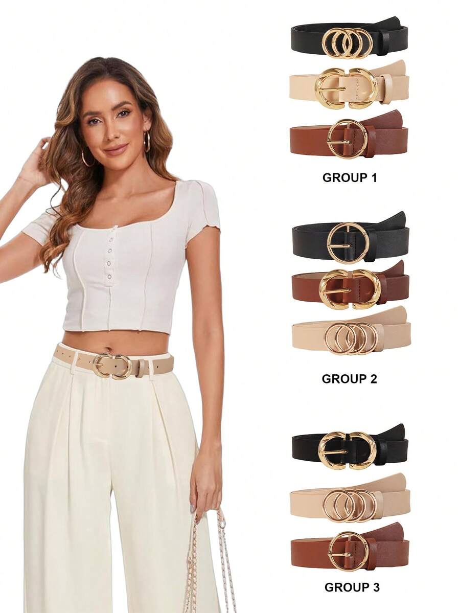 3 Pcs Women's Belt Set, Women's Waist Belts With Gold Color Alloy Buckle, Suitable For Jeans - Multicolor - View 1