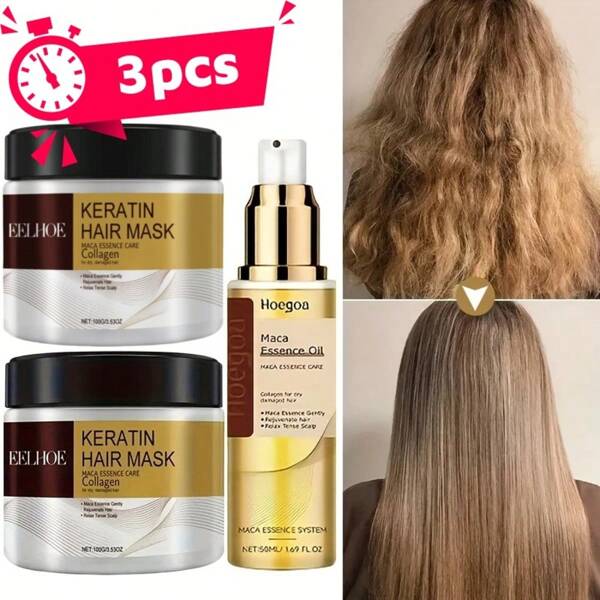 Set de cuidado del cabello para viajar que incluye: 2 piezas Mascarilla de colágeno - Reparación profunda y acondicionamiento, hidratante, apto para todo tipo de cabello, 100g/3.53oz + Sérum de aceite de argán marroquí, alisado y suavizado, control del frizz, para cabello seco y dañado, 50ml/1.69 Fl.Oz