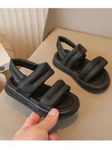 Kinderen effen kleur gesloten teen casual sandalen, eenvoudig ontwerp platte schoenen geschikt voor de zomer, jongens en meisjes - Zwart - Bekijken 5