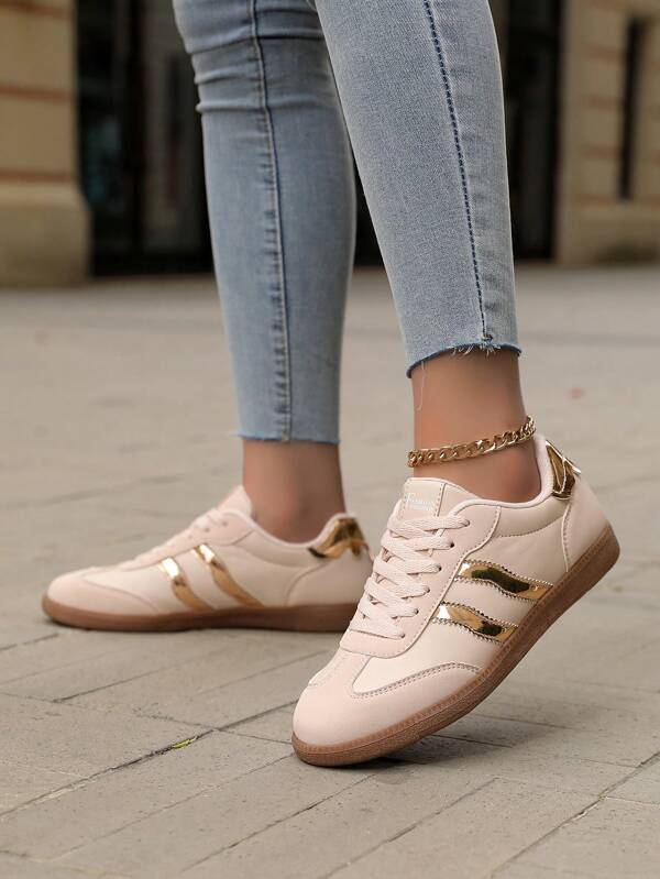 New Summer Women Sports Shoes Jelly Shoes Retro Casual Versatile Campus Style Sneakers, Dual-Color Patchwork Flat Non-Slip Lace-Up Round Toe Rubber Sole Casual Athletic Shoes, Pink Apricot, For 4th Of July