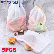 FAIS DU 5pcs Mesh Reusable Storage Bags Comes With  Fruit Vegetable Home Washable Bags Kitchen Storage Bags Storage Supplies - Red - View 2