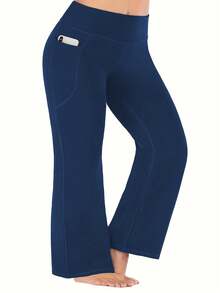 3pcs Women Plus Size High Waist Wide Leg Pants With Pockets, Bootcut Yoga Pants