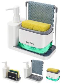 1pc Handmade And Dishwashing Soap Dispenser Set With Tray, Double Soap Dispenser With Sponge Rack And Dishoth Rack 5 In 1 Storage Rack, Suitable For Kitchen Sink Countertop Storage Rack - Practical Kitchen Gadgets