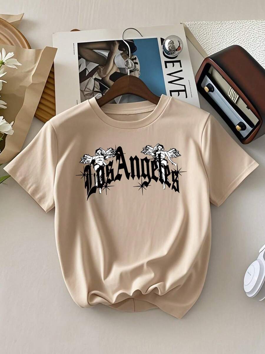 Boys & Teenagers Student Casual Printed Round Neck Short Sleeve T-Shirt, Apricot Color, Summer Top - Apricot - View 1