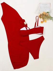 3pcs/Set Plus Size Women Sexy Solid Color Sling Metal Accessories Bikini Set - Red - View 2