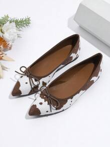 Women's Brown Pointed Toe Ballet Flats With Bow Decor, Elegant Slip-On Soft Bottom Loafers With Animal Print Fabric