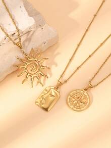 1pc Retro Fashion 18K Gold Plated Stainless Steel Necklace With Compass, Sun Totem, Mask Pendant, Unisex Couple Jewelry Gift For Daily Wear Or Party - Gold - View 1