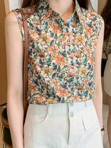 CMC Women's Floral Print Sleeveless Collared Shirt | Elegant Polyester Blouse | Vibrant Orange Green | Machine Washable | Spring/Summer Collection | Fashionable Button Design, Women's Shirt