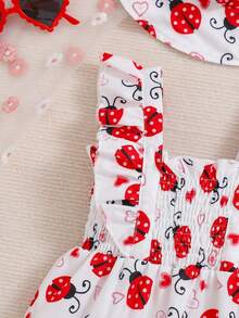 Baby Girl Outfit Set: Cute Strawberry Pattern Bodysuit, Blouse With Flutter Sleeves, Sun Hat - Red - View 5
