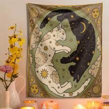 1 Pc Vintage Sun, Moon, Lucky Cat, Constellation, Letter, Boho Style Printed Tapestry Wall Hanging Decor, Living Room, Bedroom, Office, Dorm, Home Party, Rectangular Kitchen Wall Decor Fabric With Drape, Includes 3 Pins And 2 Clips