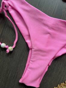 Bộ bikini cổ yếm màu trơn, đồ bơi mùa hè thời trang đi nghỉ mát biển màu hồng - Hồng - Xem 5