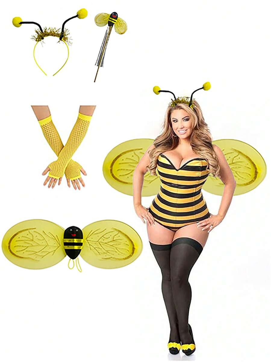 4PCS Cosplay Costume Set, Bee Wings + Bee Wand + Bee Headband + Fishnet Gloves - Suitable For Stage Show And Fairy Garden Parties, Girls And Ladies.Halloween - Multicolor - View 1
