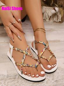 女士编织平底凉鞋，黑色/棕色/白色，一脚蹬，露趾，防滑，适合室内外，日常休闲，海滩，波西米亚交叉带平底凉鞋，轻便，镂空鞋头，高帮罗马鞋，金色/黑色平底凉鞋，沙滩鞋 - 白色 - 查看 5