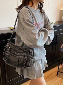 1 pieza Bolso de bandolera casual y versátil de diseño con cremallera para uso diario - Negro - Ver 7