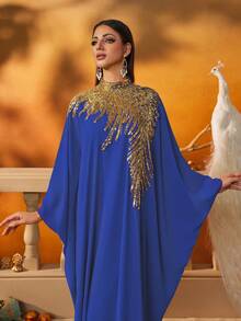 AmazingHoney Elegant Dark Blue Loose-Fit Kaftan Dress With Gold Sequin Embellishments, Party Abaya, Formal Muslim Dress, Evening Gown,Abaya Dress (Loose Fit– Please Check Size Chart), Modest - Royal Blue - View 2