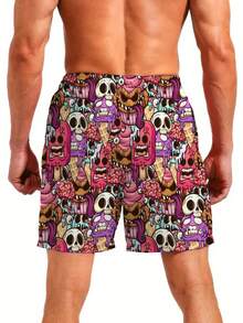 Skeleton Cartoon Pattern Men's Fashion Summer Drawstring Shorts With Pockets, Beach And Leisure,Hawaiian - Multicolor - View 2