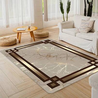 1pc Luxury Marble Style Area Rug, Elegant Beige Marble Design With Golden Accents,Polyester Fiber, Non-Slip Backing, Machine Washable, Versatile Indoor/Outdoor Use, Home Decor Carpet For Living Room, Bedroom, Dining Room, Camping