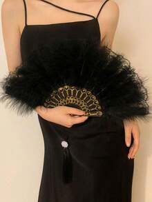 1pc 20s Retro Folding Feather Fan Partition Hand Fan For Costume, Dance Performance, Tea Ceremony, Wedding Decor - Black - View 4