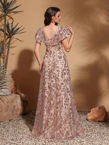 Elegant Floral V-Neck Dress With Sheer Mesh Sleeves And Shiny Trim, A-Line Silhouette Perfect For Weddings, Parties And Formal Events - Breathable Mesh Fabric For All Seasons, Elegant Event Wear | V-Neck Dress | Floral Patterned Dress - Champagne - View 4