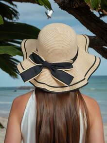 Women's 1-Piece Khaki & Beige Straw Woven Wide-Brim Sun Hat - Bohemian Casual Summer Outdoor Hat With Black Ribbon Bow, UV Protection For Beach, Garden & Travel | Lightweight Breathable Boho-Chic Accessory - Hat - View 10