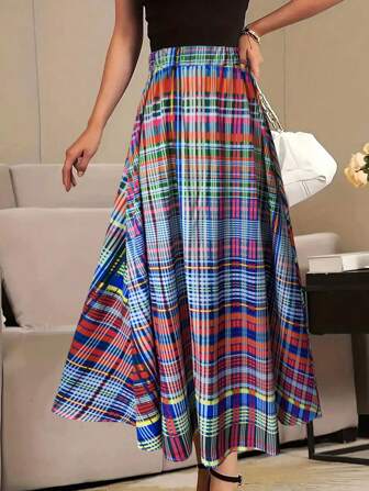 春夏优雅格子束腰裙女士休闲沙滩装，女式飘逸格子长裙 - 休闲度假裹身裙，波西米亚风高腰长裙，女士松紧腰沙滩裙，时尚格子女裙