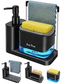 1pc Handmade And Dishwashing Soap Dispenser Set With Tray, Double Soap Dispenser With Sponge Rack And Dishoth Rack 5 In 1 Storage Rack, Suitable For Kitchen Sink Countertop Storage Rack - Practical Kitchen Gadgets