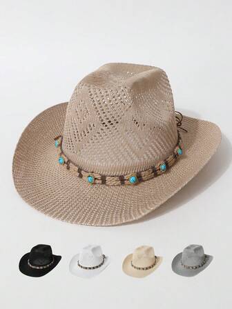 1 szt. Damski kapelusz retro z ozdobnym łańcuszkiem, pusty oddychający, tkany kapelusz panama z ochroną UV, szykowny styl kowbojski, odpowiedni na co dzień, w podróż, na wakacje, do mody i uniwersalny