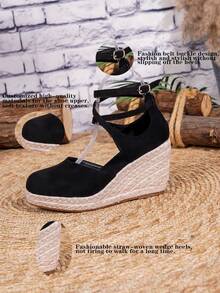 Damen Keil- & Plateau-Slip-On Espadrille-Sandalen, schwarze runde Zehenform Urlaubs-Strand-Geflecht, elastischer Knöchelriemen, Seil-Sohle Lässig Flach-Sandalen - Schwarz - Übersicht 8