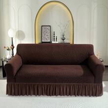 1pc Solid Brown Jacquard Thick Stretch Flounce Style Sofa Slipcover, Soft Fabric Suitable For Living Room, Bedroom, Study - Water Ripple-coffee Skirt - View 4