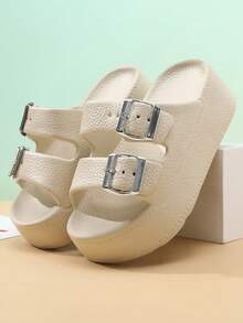 女士夏季厚底沙滩人字凉鞋，休闲户外简约时尚防滑耐磨拖鞋 - 卡其色 - 查看 3