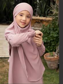 1pc Girls Kids Fuchsia Loose Dress, New Round Neck Ruffle Hem Solid Color Girls Kids Dress, Elastic And Comfortable, Suitable For Daily Outings, Home Wear Girls Arabic Abaya - Pink - View 3