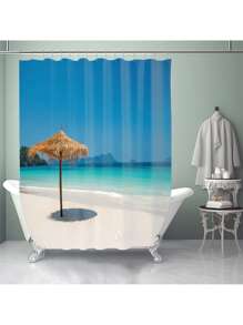 1pc/4pcs Ocean & Beach Floral Print Bathroom Curtain Set 12 Hooks, Anti-Slip Bath Mat, U-Shaped Toilet Mat & Round Toilet Cover, Multifunctional Bathroom Set For All Occasions Back To School