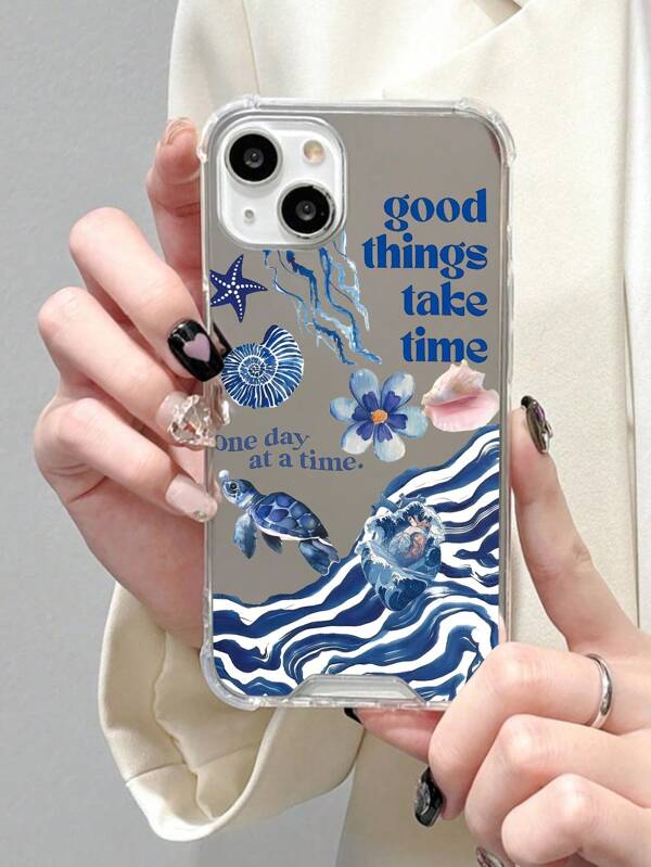 1pc Minimalist Acrylic Mirror Shell Phone Case With Sea Turtle, Sea Star, Jellyfish, Slogan And Wave Pattern, Compatible With IPhone 11/12/13/14/15/16 Pro Max And IPhone 16 Pro