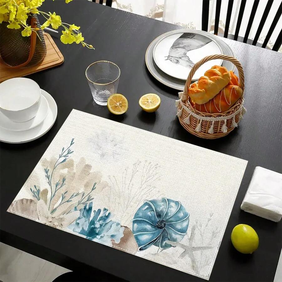 1/4/6/8/12 Pcs Linen Dining Table Placemats, Washable Ocean Seashell Printed Table Mats, Surface Protective Pads, Indoor Outdoor Dining Table Decor, Suitable For Holiday Parties & Kitchen