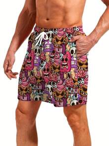 Skeleton Cartoon Pattern Men's Fashion Summer Drawstring Shorts With Pockets, Beach And Leisure,Hawaiian - Multicolor - View 3