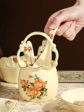 1pc Personalized Creative Ceramic Storage Basket, Suitable For Storing Fruit Forks, Spoons, Storage Basket, Shelf