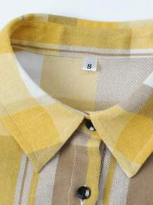Camisa casual de poliéster con bolsillo, puño y cuello a cuadros, estilo universitario para uso diario, vacaciones y al aire libre, primavera