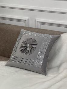 1 件天鹅绒拼布花朵和水钻装饰抱枕套，卧室和客厅靠垫套枕头床上用品房间装饰家居装饰卧室装饰靠垫套靠垫枕套 - 灰色 - 查看 3