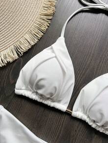 Summer Resort & Beach Plain Color Halter Neck Bikini Set - White - View 4