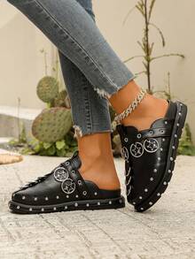Women's Fashion Comfortable Riveted Personalized Platform & Thick-Soled Black Loafers,Mule Shoes