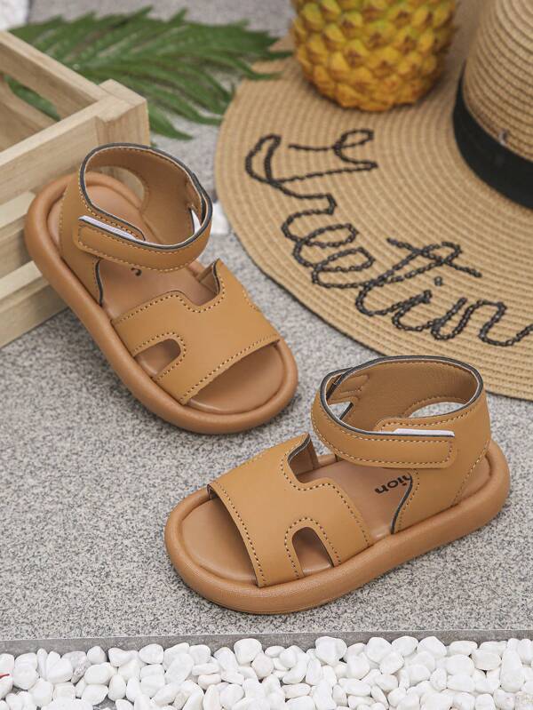 1pc Summer Children's Shoes With Hook And Loop Rubber Sole And Exposed Toes, Girls' Fashionable Sandals Made Of PU Material, Breathable, Comfortable, Lightweight And Soft, Suitable For Summer