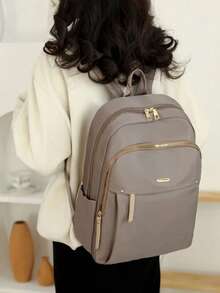 LECEY 1 chiếc Ba lô nylon có khóa kéo dung tích lớn tối giản màu trơn, Túi học sinh có dây đeo vai/xách tay có thể tháo rời, Túi du lịch - Màu Khaki - Xem 2