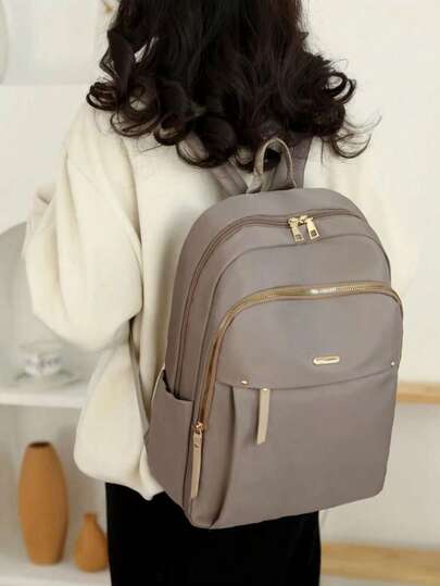 LECEY 1 件纯色简约大容量尼龙拉链背包，学生包带可拆卸肩带/手提带，旅行包