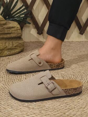 Unisex Casual Simple Vacation Beach Solid Color Suede Face Hook&Loop Adjustable Flat Slip On Mule Slippers, Indoor Outdoor Soft Wood Grain Slide Sandals, Holiday Gift