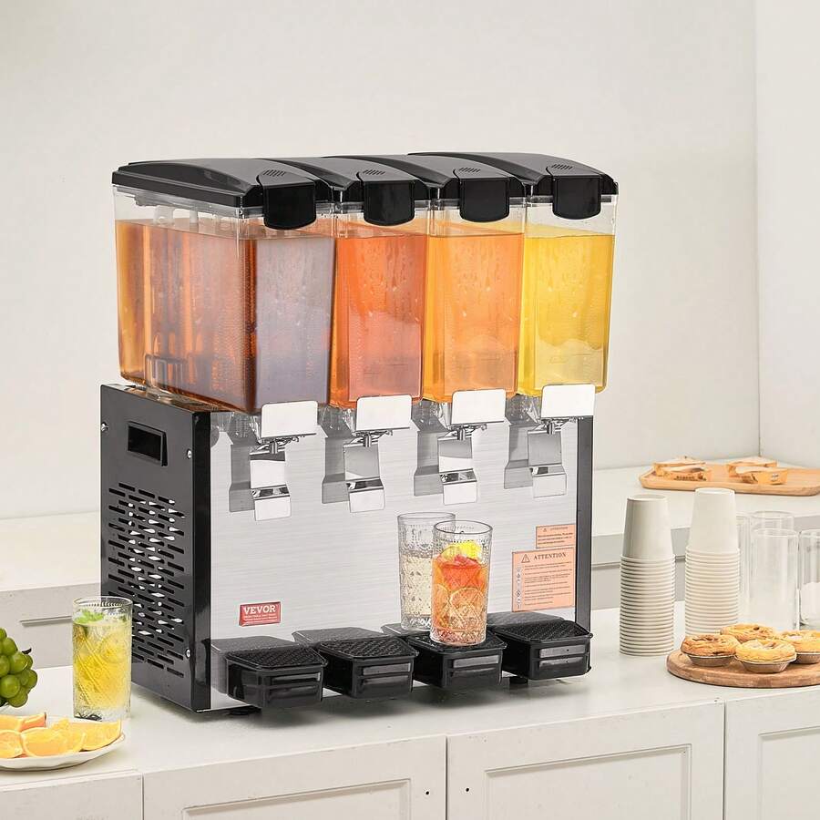 Commercial Beverage Dispenser, 4 Tanks 10 L / 10.6 QT Per Tank Juice Dispenser, 430W Stainless Steel Ice Tea Drink Machine With 45°F-54°F Cooling Temperature, For Cold Drink Restaurant Bar Party - 4 Tanks, 10 L / 10.6 QT Per Tank - View 1